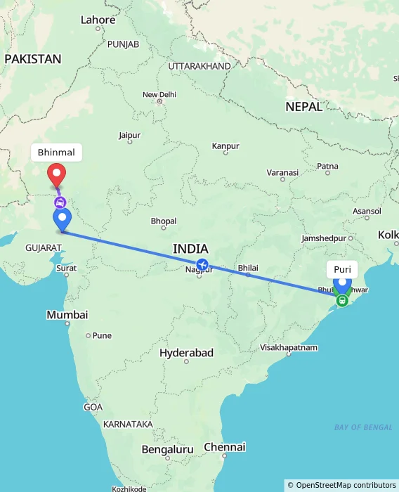 Route map showing distance and travel time from Puri, India to Bhinmal, India