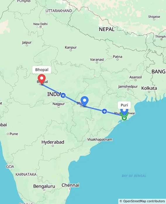 Route map showing distance and travel time from Puri, India to Bhopal, India