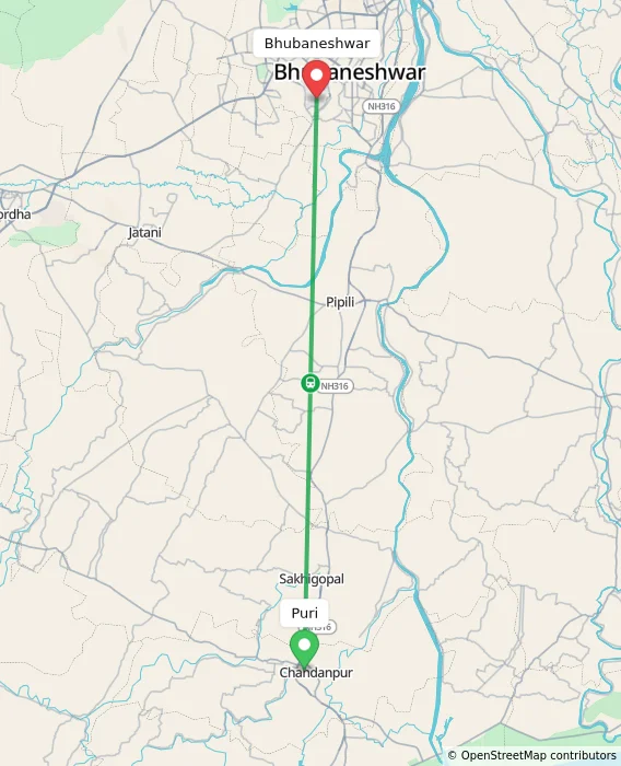 Route map showing distance and travel time from Puri, India to Bhubaneshwar, India