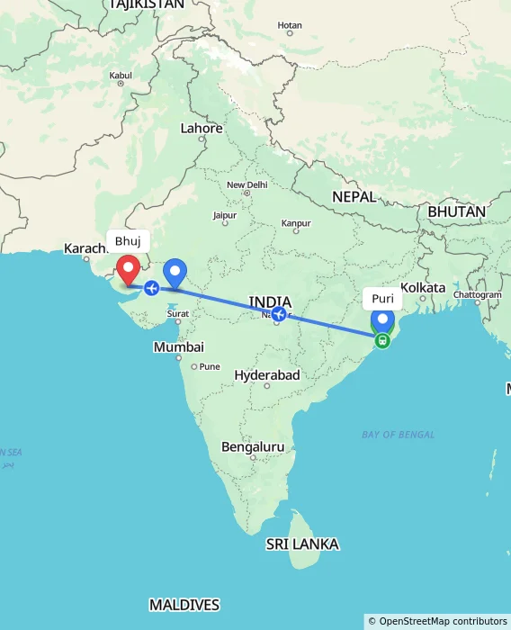 Route map showing distance and travel time from Puri, India to Bhuj, India