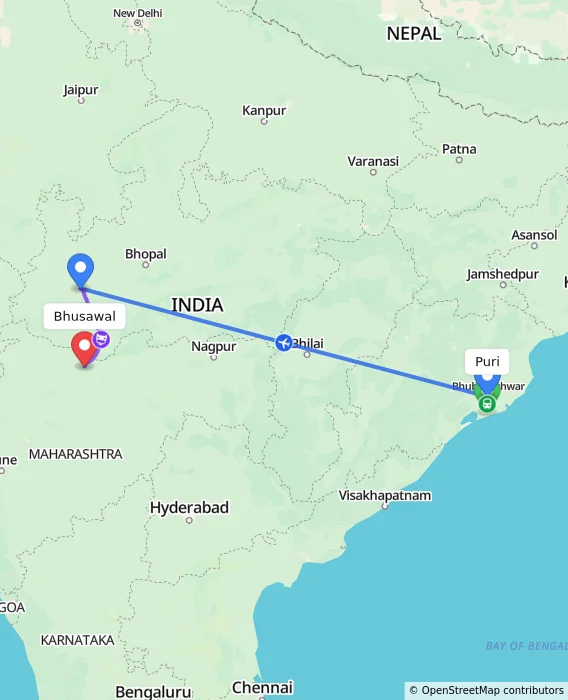 Route map showing distance and travel time from Puri, India to Bhusawal, India