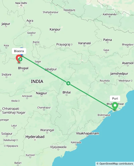 Route map showing distance and travel time from Puri, India to Biaora, India