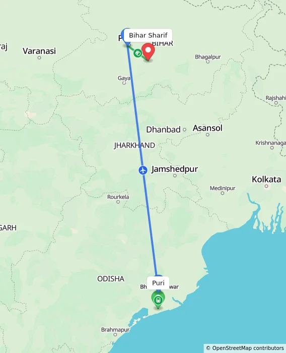 Route map showing distance and travel time from Puri, India to Bihar Sharif, India