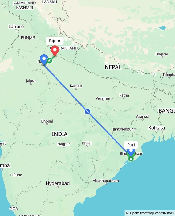 Route map showing distance and travel time from Puri, India to Bijnor, India