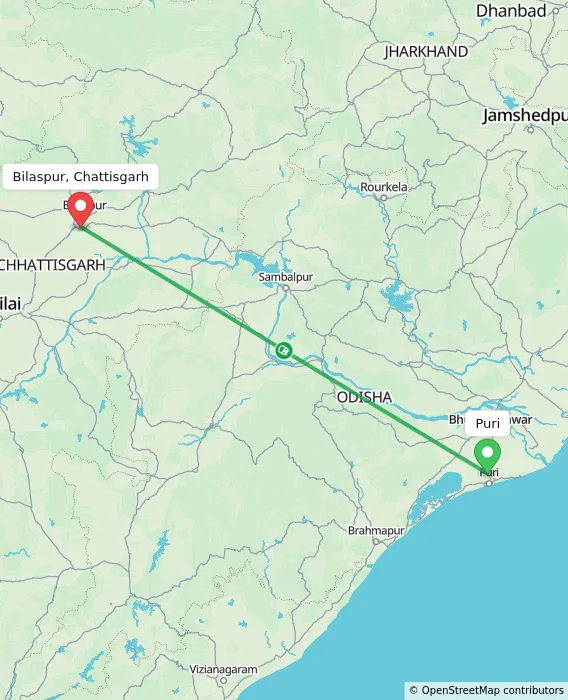 Route map showing distance and travel time from Puri, India to Bilaspur, Chattisgarh, India