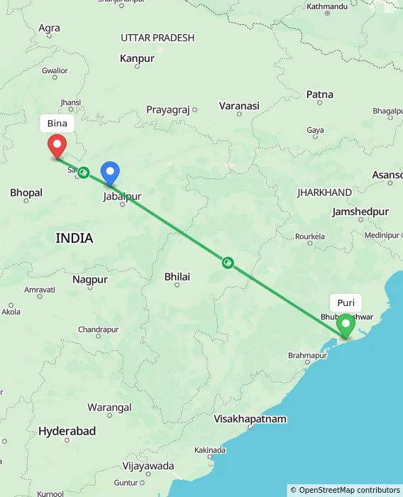 Route map showing distance and travel time from Puri, India to Bina, India