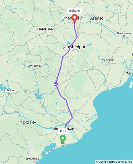 Route map showing distance and travel time from Puri, India to Bokaro, India