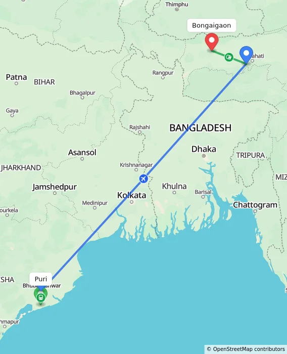 Route map showing distance and travel time from Puri, India to Bongaigaon, India