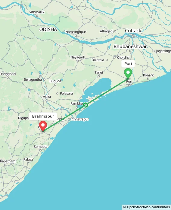Route map showing distance and travel time from Puri, India to Brahmapur, India