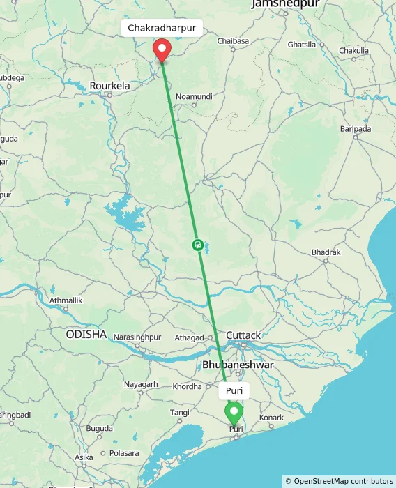 Route map showing distance and travel time from Puri, India to Chakradharpur, India