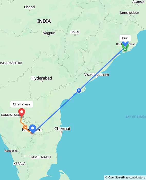 Route map showing distance and travel time from Puri, India to Challakere, India