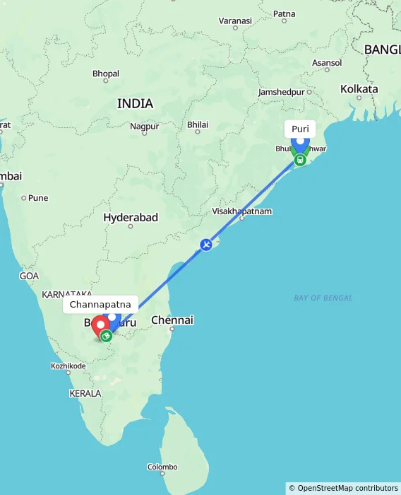 Route map showing distance and travel time from Puri, India to Channapatna, India