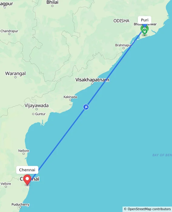 Route map showing distance and travel time from Puri, India to Chennai, India