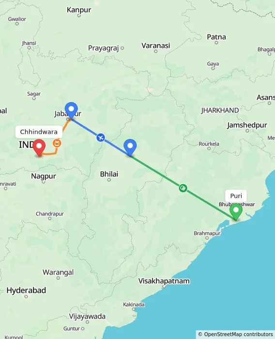 Route map showing distance and travel time from Puri, India to Chhindwara, India