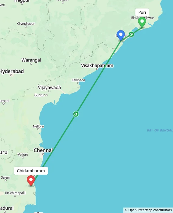 Route map showing distance and travel time from Puri, India to Chidambaram, India