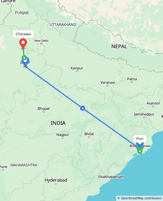 Route map showing distance and travel time from Puri, India to Chirawa, India
