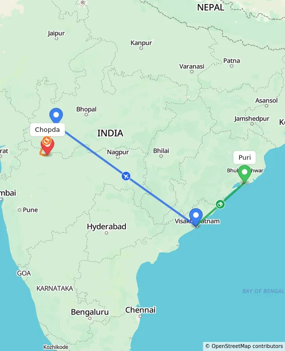 Route map showing distance and travel time from Puri, India to Chopda, India