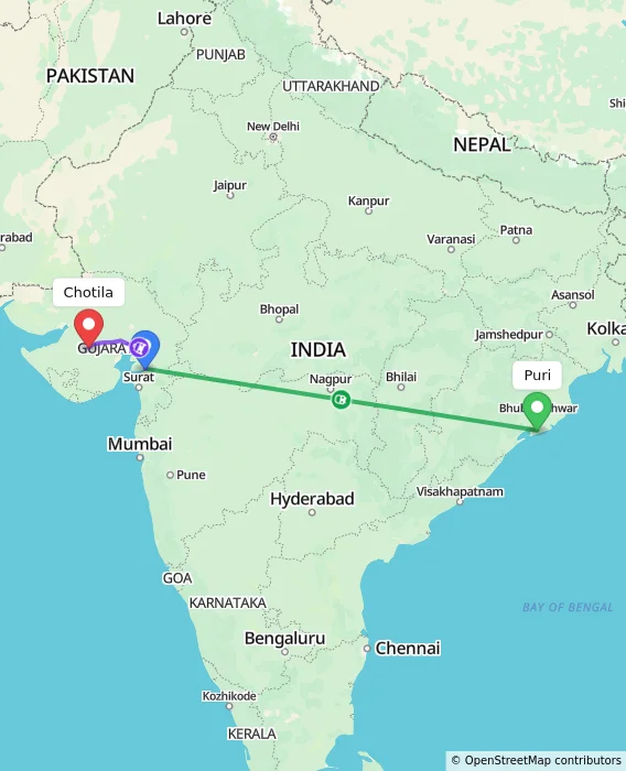 Route map showing distance and travel time from Puri, India to Chotila, India