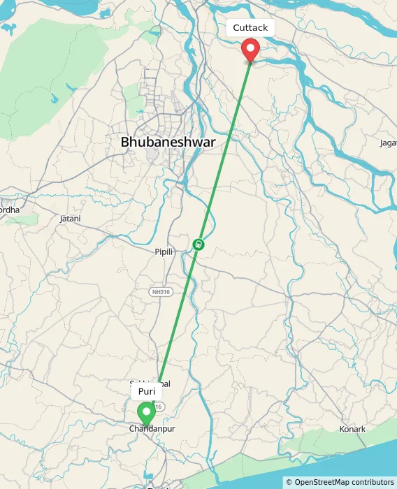 Route map showing distance and travel time from Puri, India to Cuttack, India