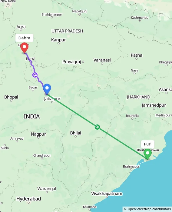 Route map showing distance and travel time from Puri, India to Dabra, India