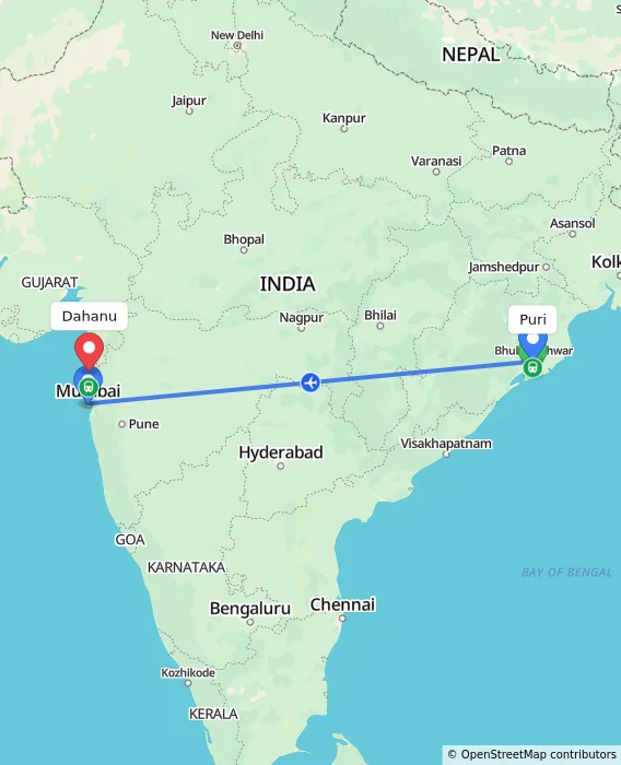Route map showing distance and travel time from Puri, India to Dahanu, India