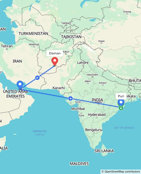 Route map showing distance and travel time from Puri, India to Daman, Afghanistan