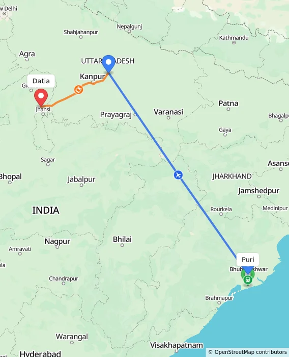 Route map showing distance and travel time from Puri, India to Datia, India