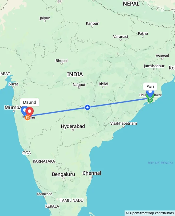 Route map showing distance and travel time from Puri, India to Daund, India