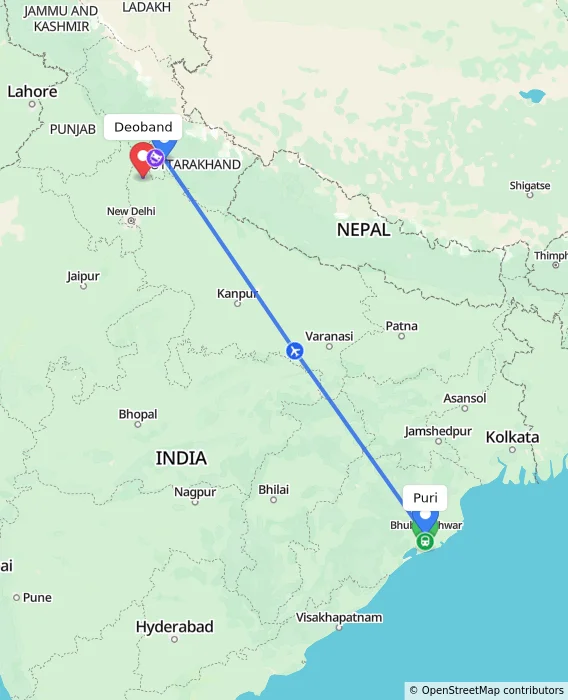 Route map showing distance and travel time from Puri, India to Deoband, India