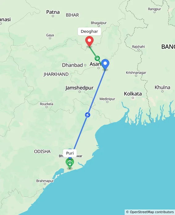 Route map showing distance and travel time from Puri, India to Deoghar, India