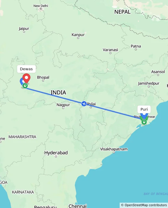 Route map showing distance and travel time from Puri, India to Dewas, India