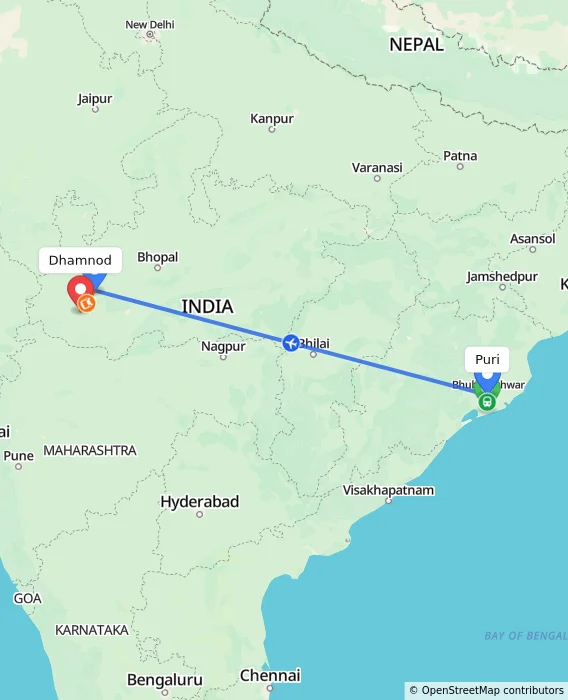 Route map showing distance and travel time from Puri, India to Dhamnod, India