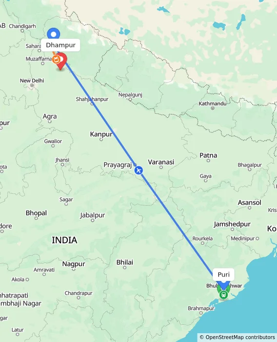Route map showing distance and travel time from Puri, India to Dhampur, India