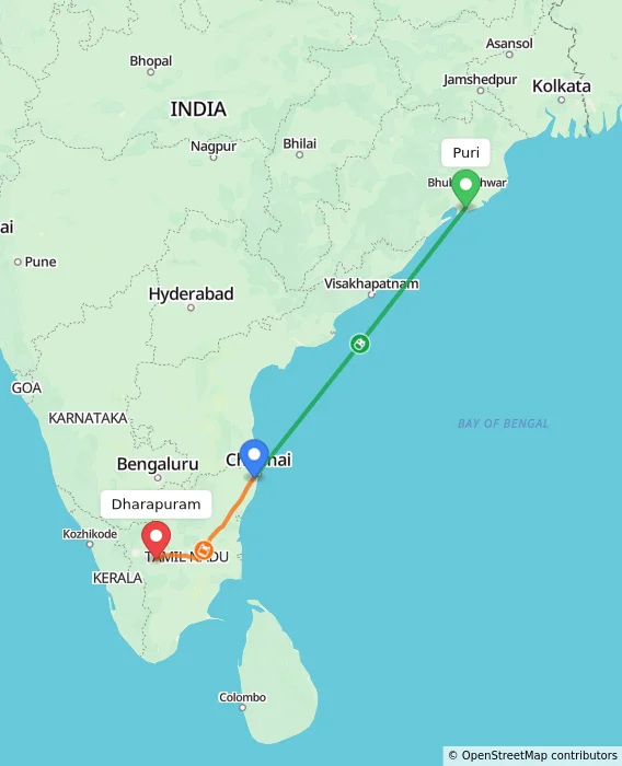 Route map showing distance and travel time from Puri, India to Dharapuram, India