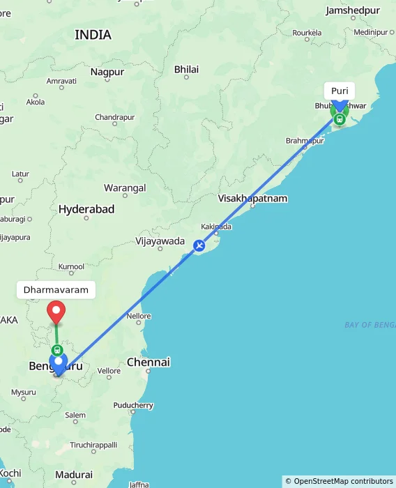 Route map showing distance and travel time from Puri, India to Dharmavaram, India