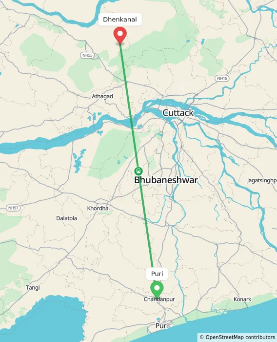 Route map showing distance and travel time from Puri, India to Dhenkanal, India