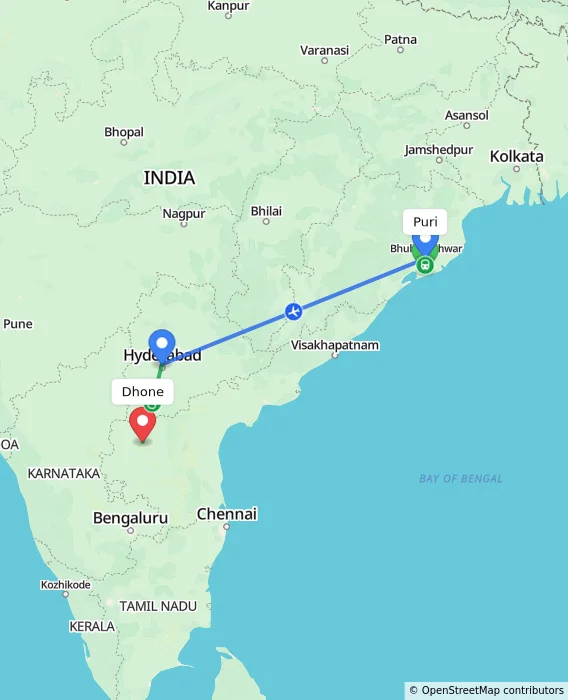 Route map showing distance and travel time from Puri, India to Dhone, India
