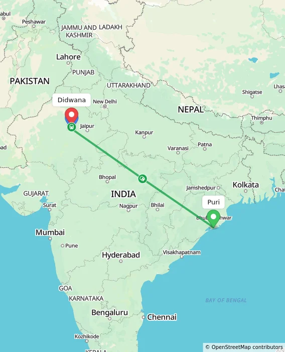 Route map showing distance and travel time from Puri, India to Didwana, India