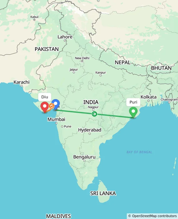 Route map showing distance and travel time from Puri, India to Diu, India