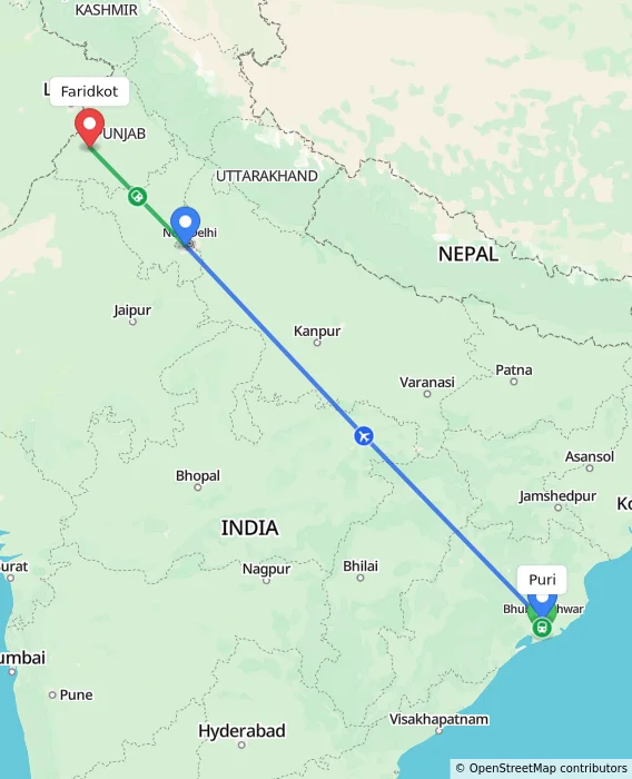 Route map showing distance and travel time from Puri, India to Faridkot, India