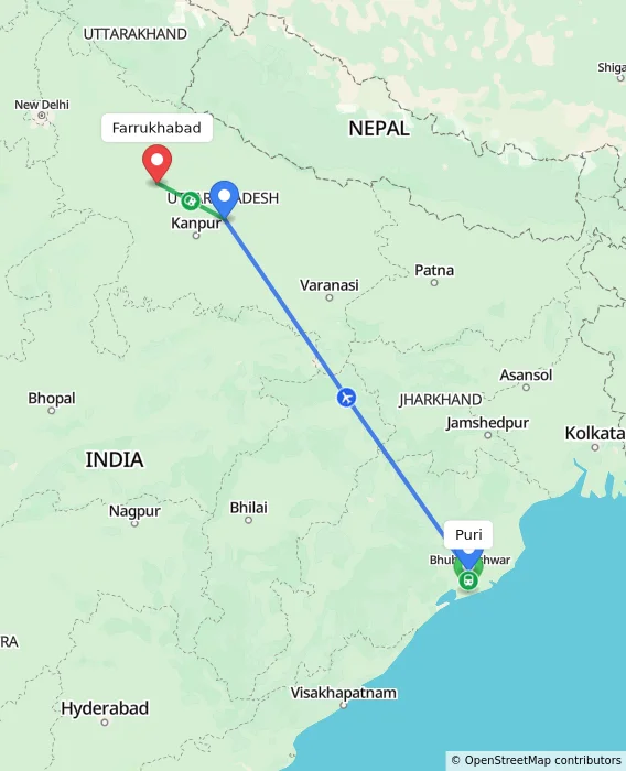 Route map showing distance and travel time from Puri, India to Farrukhabad, India
