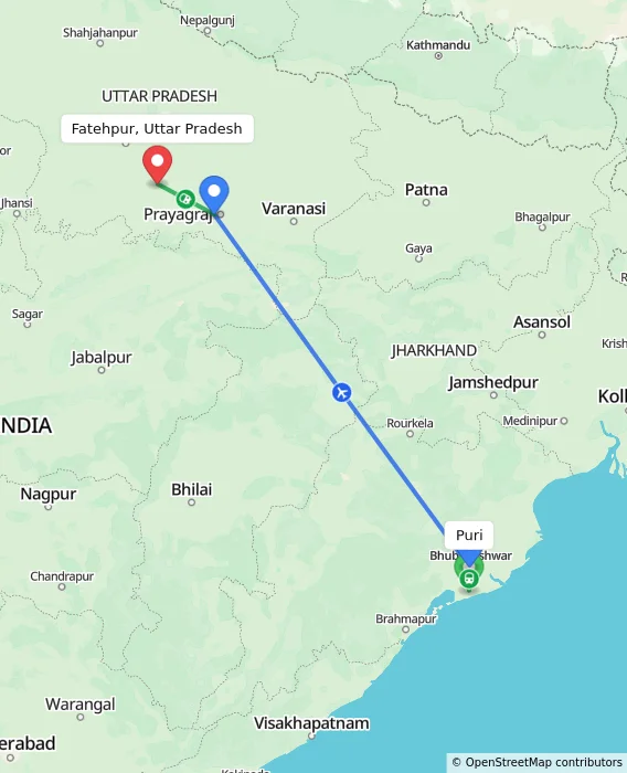 Route map showing distance and travel time from Puri, India to Fatehpur, Uttar Pradesh, India