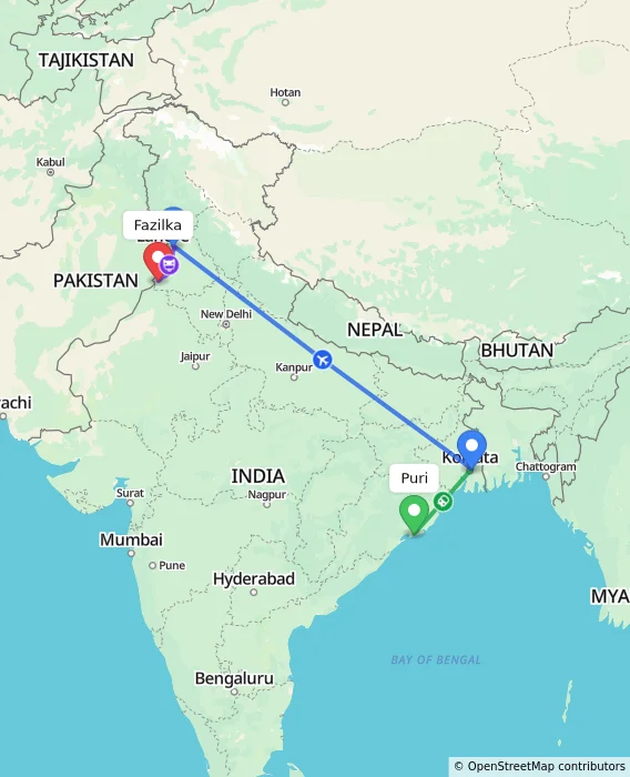 Route map showing distance and travel time from Puri, India to Fazilka, India