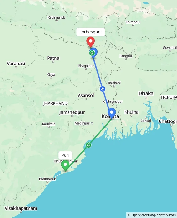 Route map showing distance and travel time from Puri, India to Forbesganj, India
