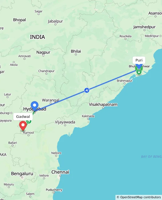 Route map showing distance and travel time from Puri, India to Gadwal, India