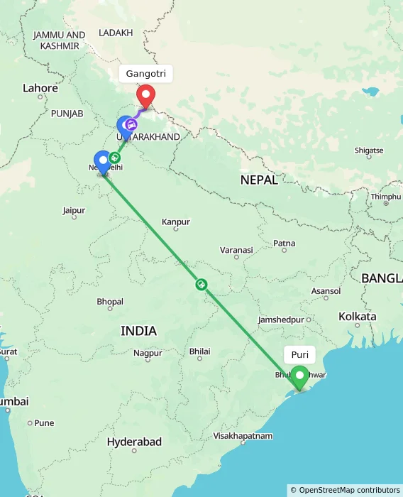 Route map showing distance and travel time from Puri, India to Gangotri, India