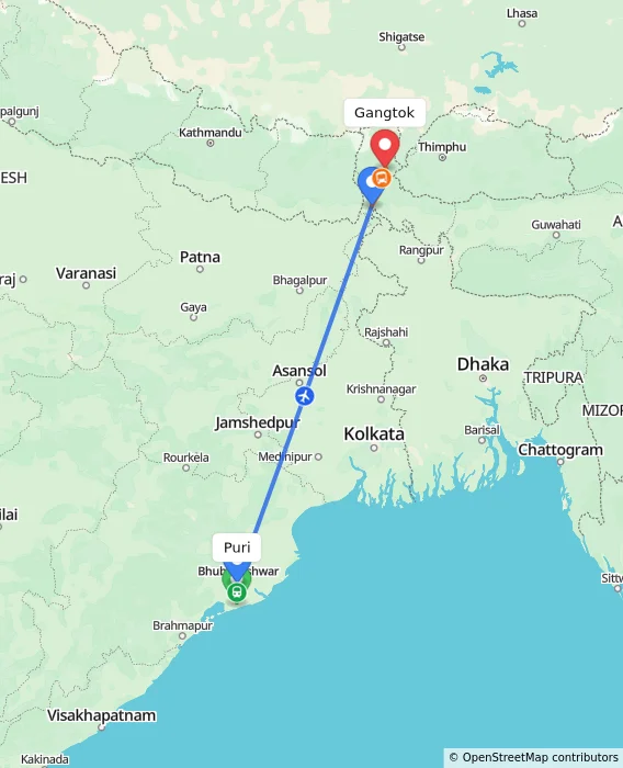 Route map showing distance and travel time from Puri, India to Gangtok, India