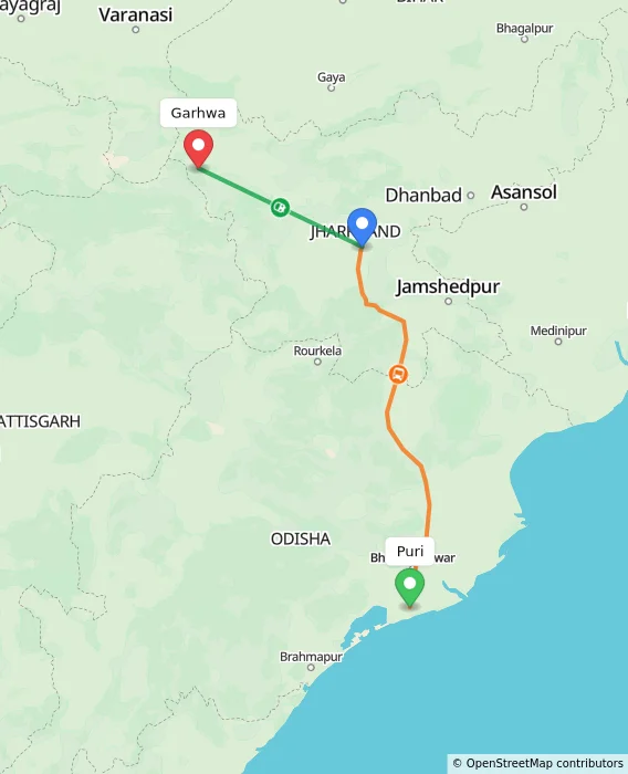 Route map showing distance and travel time from Puri, India to Garhwa, India