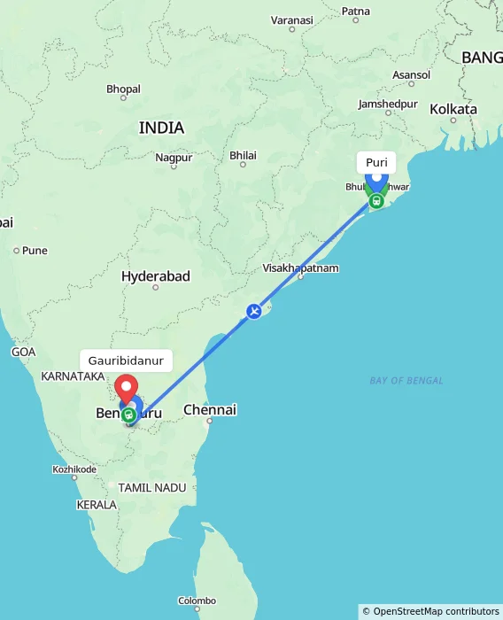 Route map showing distance and travel time from Puri, India to Gauribidanur, India
