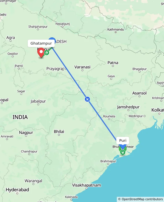 Route map showing distance and travel time from Puri, India to Ghatampur, India